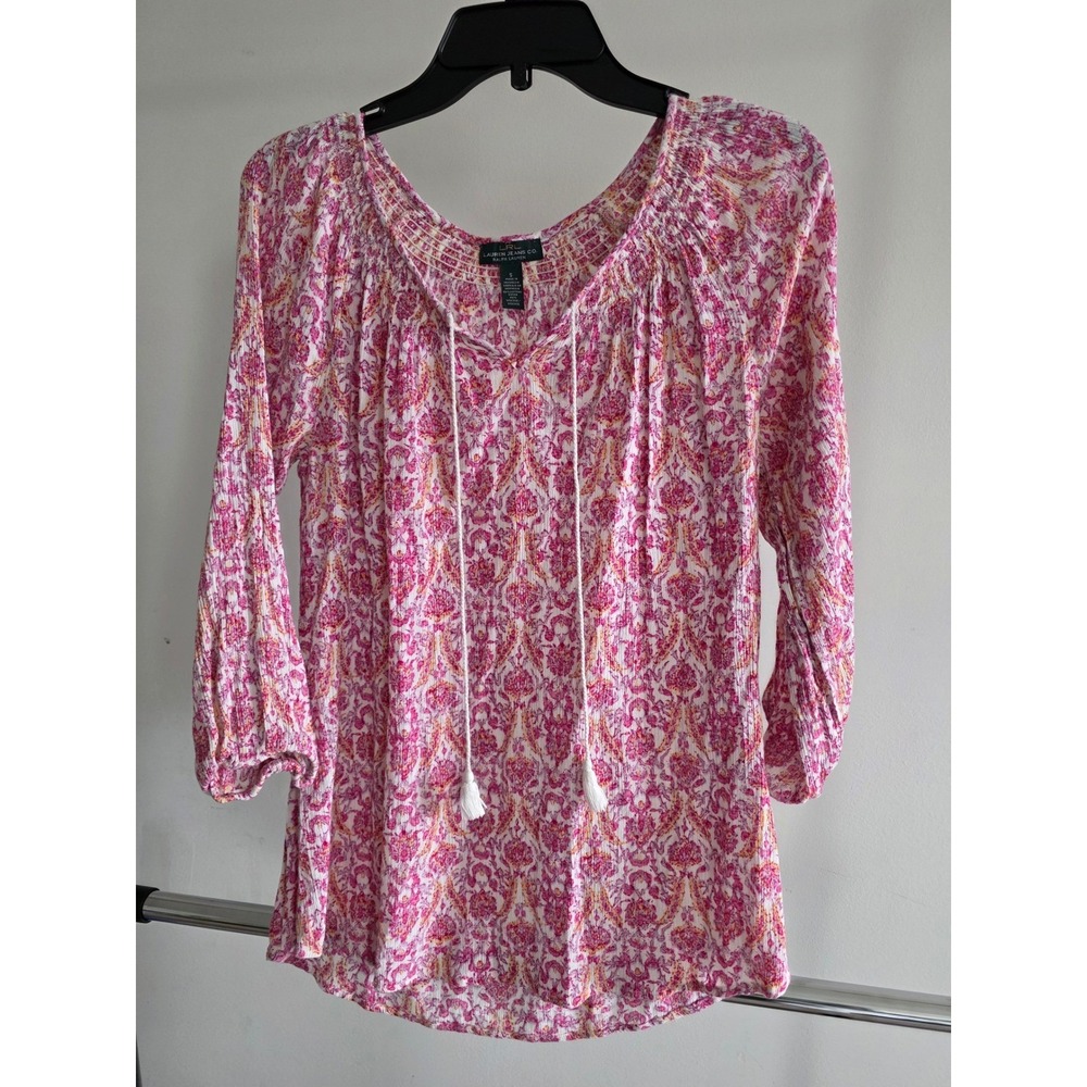 Women's Lauren Co Ralph Lauren Pink Paisley Smocked Peasant Blouse 3/4 Sleeve‎ S